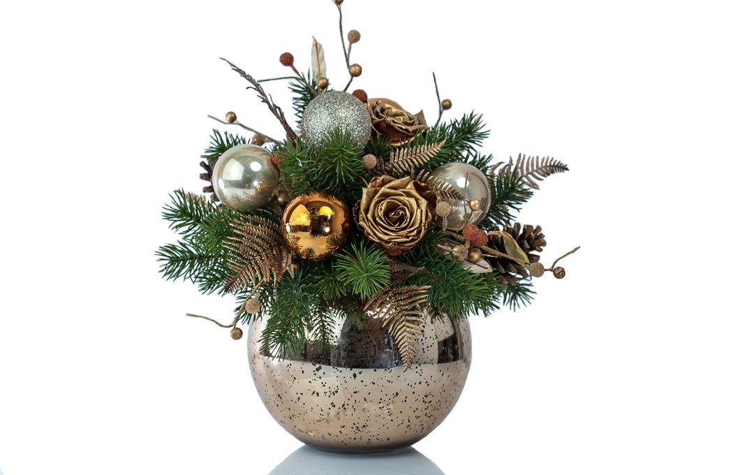 Christmas centerpiece in gold fishbowl  Preserved Floral Arrangements &  Silk Flowers