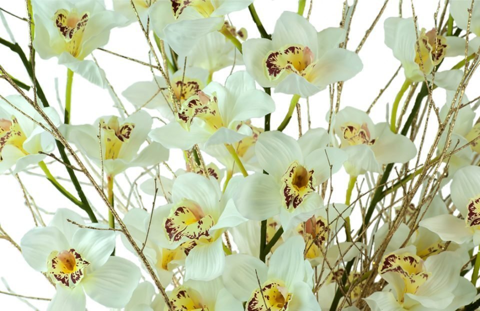 Stunning-faux-white-cymbidium-in-a-gold-vase