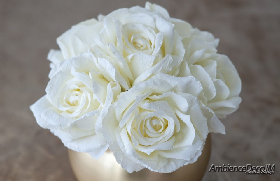 silk white roses in gold bowl vase