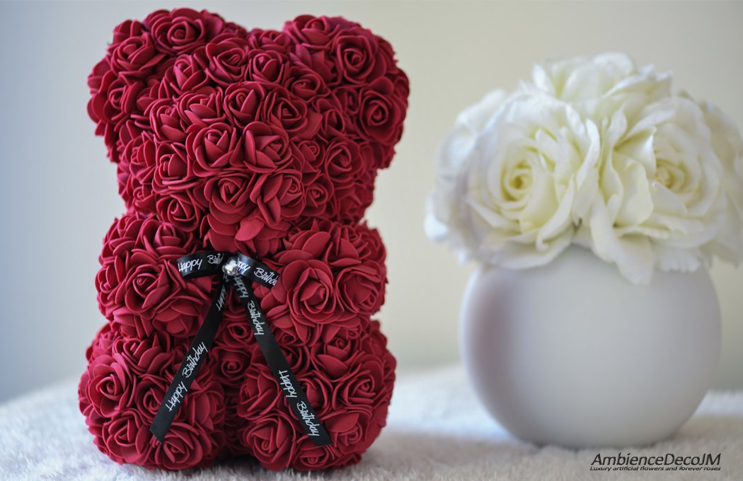Red Artificial Rose Bear Teddy Luxury Eternal Flowers for Birthday Wedding Gift 