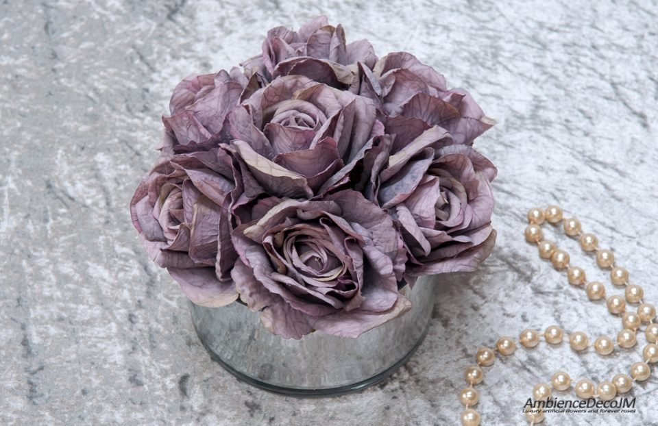 Luxury silk purple roses in vase