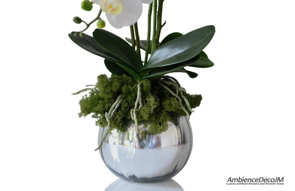 Lifelike orchids in a silver fishbowl