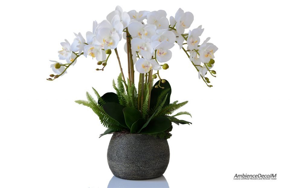 Lifelike orchids in a beaded pot