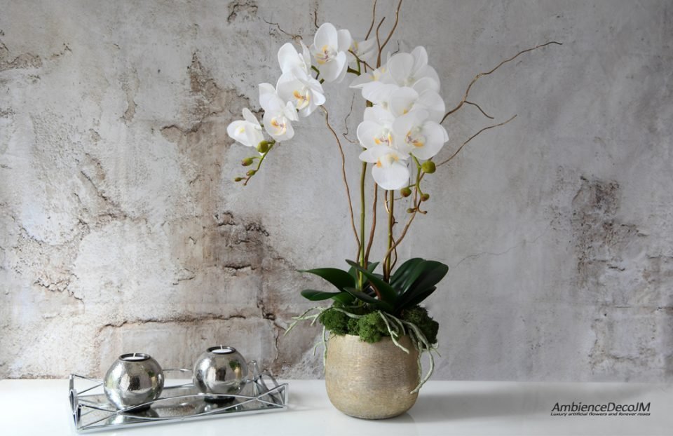 Real touch orchids in golden pot